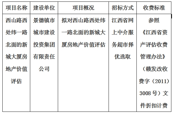 西山路西處緯一路北面的新城大廈房地產價值評估計劃公告