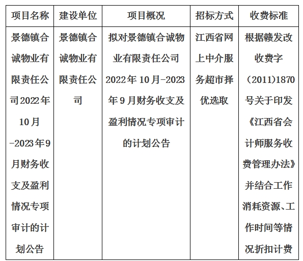 景德鎮合誠物業有限責任公司2022年10月-2023年9月財務收支及盈利情況專項審計的計劃公告