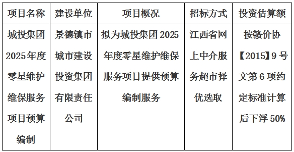 城投集團2025年度零星維護維保服務(wù)項目預(yù)算編制計劃公告