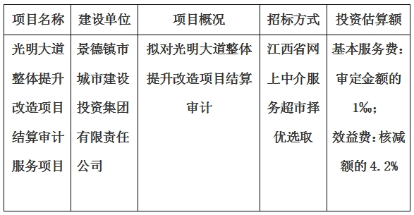 光明大道整體提升改造項目結(jié)算審計服務(wù)項目計劃公告