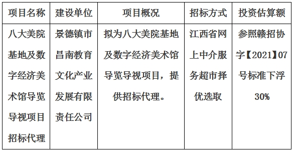 八大美院基地及數(shù)字經(jīng)濟(jì)美術(shù)館導(dǎo)覽導(dǎo)視項(xiàng)目招標(biāo)代理計(jì)劃公告